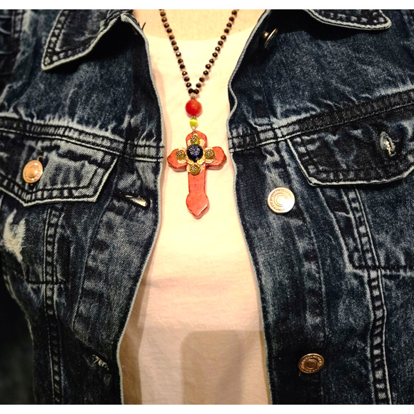 Handmade gemstone cross with Czech glass necklace Boho - Picture 7 of 7